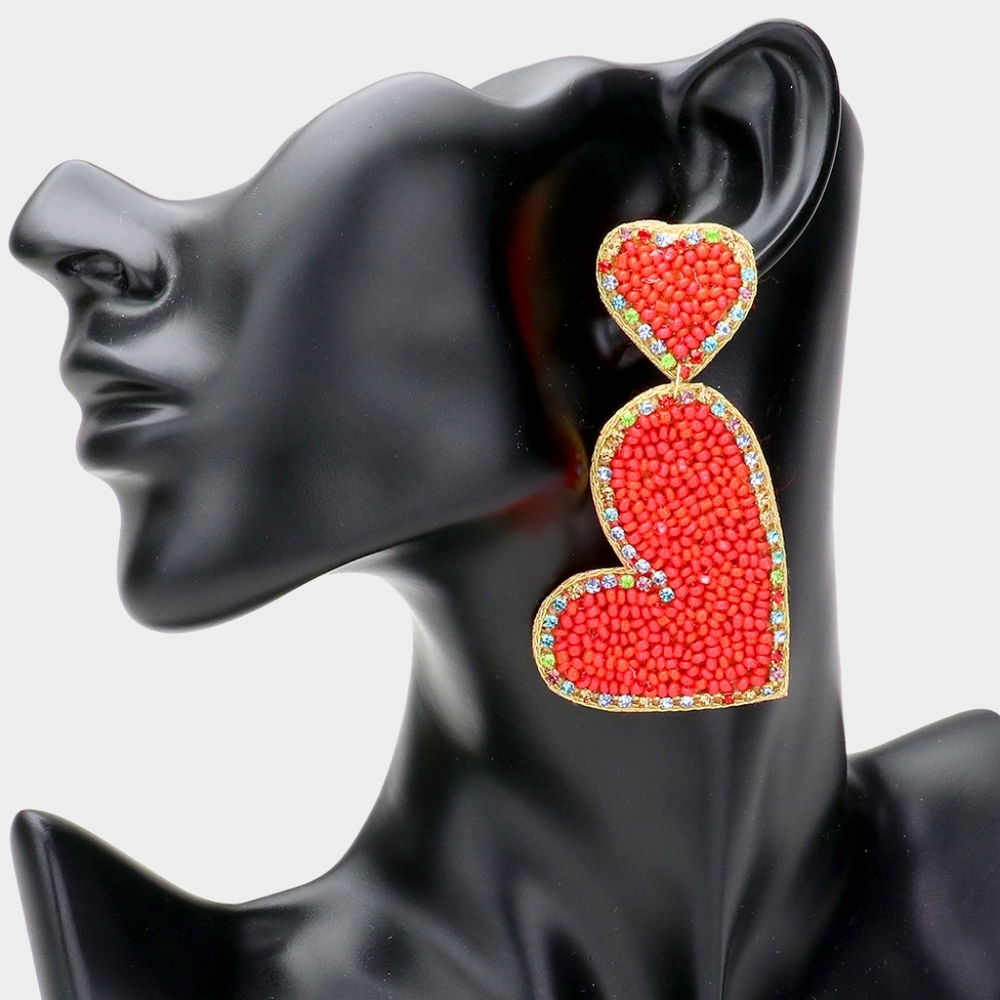 Red Bead Crystal Trim Double Heart Dangle Earrings